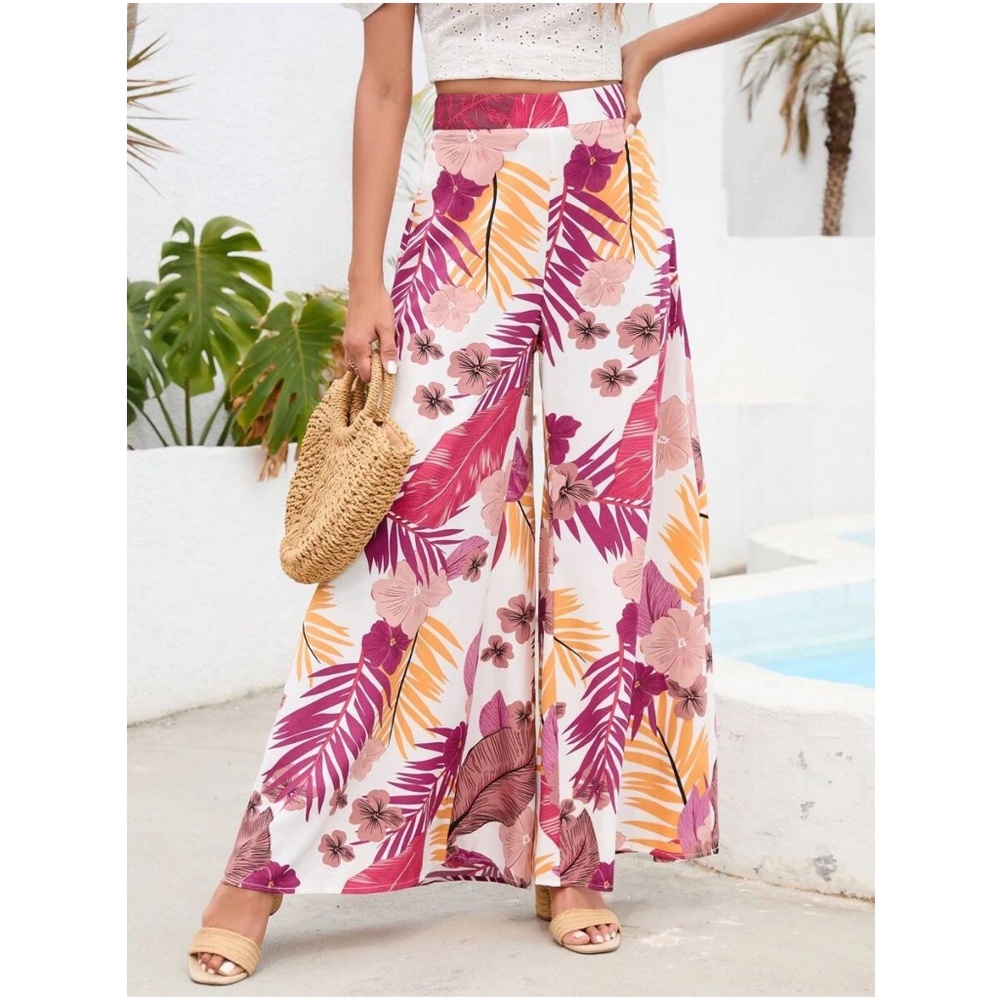 Boho Floral Tropical Print Wide Leg Palazzo Pants - Picture 2 of 8
